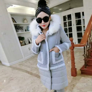 韩版时尚棉衣女2015冬季鹿皮绒外套羊羔毛拼接连帽棉服加厚中长款