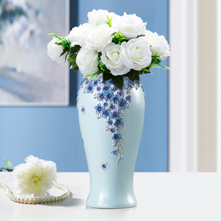 复古湖蓝色树脂花朵枝叶浮雕中号大号台面幸福花瓶小清新淡雅简洁