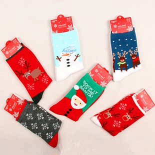 包邮  优良品质圣诞老人麋鹿雪花纯棉女袜 全棉中筒袜子拍1=6双