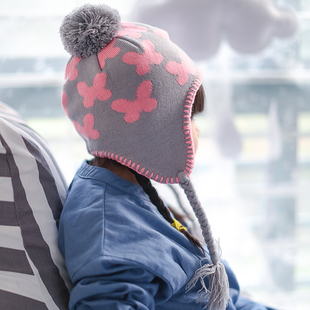 宝宝帽子1-2-3-4岁婴儿帽子秋冬双层保暖护耳儿童帽粉蝴蝶色针织