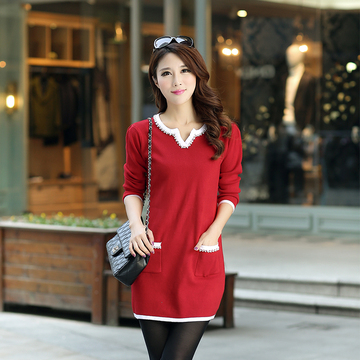秋冬季新品韩版女装羊毛大码修身打底衫中长款针织毛衣钉珠连衣裙