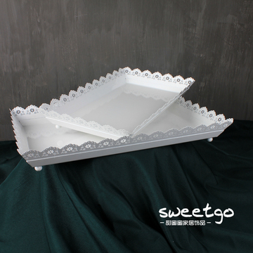 欧式蛋糕盘婚庆道具 白色点心盘铁艺方盘 甜品台托盘长方形展示盘