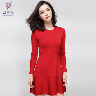 洛薇雅2016年春装新品韩版修身裙针织长袖连衣裙女