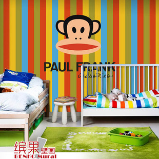 大嘴猴卡通彩色条纹客厅卧室墙纸儿童房环保壁纸幼儿园背景墙壁画