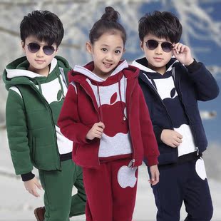 男童冬装儿童套装2015新款小苹果加绒加厚卫衣潮女大童冬款三件套