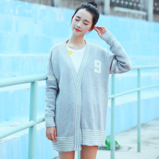 2015秋冬韩版学院风棒球服女毛衣外套修身中长款针织开衫