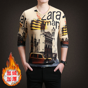 2015男式秋冬加绒长袖T恤韩版修身印花V领打底衫青年个性加厚体恤