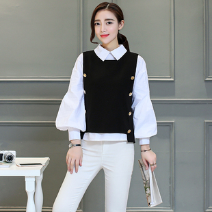 2016秋装新款韩版修身气质长袖衬衫马夹两件套