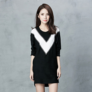 ONNI独家2015秋季新款韩版时尚针织料宽松长袖圆领品牌长款女T恤