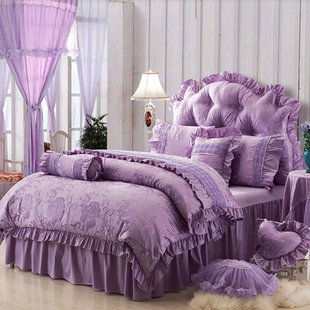 床上用品全棉韩版四件套公主花边纯棉蕾丝床单床裙式紫色婚庆床品