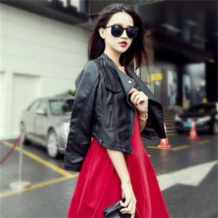 2016韩版女装新款军装风小皮衣翻领短款机车皮衣皮夹克女装外套