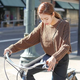双十一冬季新款韩版女装宽松纯色圆领麻花套头毛衣长袖针织衫