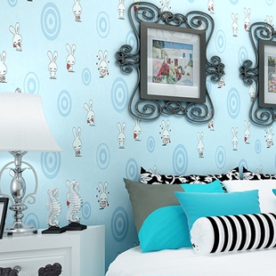 超萌小兔子爱心粉色壁纸女孩可爱卡通墙纸 卧室韩国蓝色儿童房间