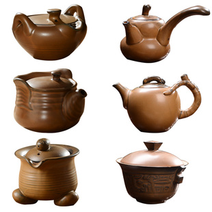 台湾粗陶三才碗杯复古紫砂侧把盖碗茶壶手工中日式泡茶单壶茶道