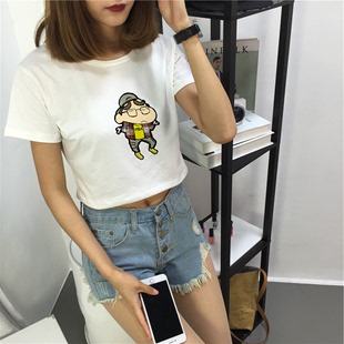 韩版夏装新款露肚脐短款短袖修身t恤女学生卡通上衣打底衫体恤女