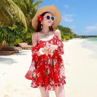 夏新款波西米亚吊带印花露肩沙滩短裙海边度假连衣裙宽松女装显瘦