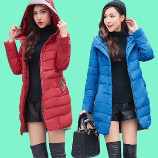 冬季新款韩版女装修身连帽中长款女士羽绒棉服时尚长袖加厚外套潮