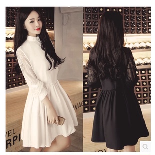 新款韩国修身显瘦蕾丝袖拼接单排扣连衣裙打底裙女