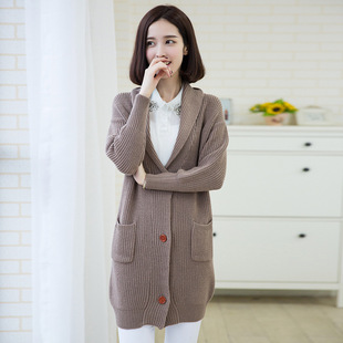 2016秋冬季新款毛衣韩版纯色中长款针织开衫女士V领羊毛外套