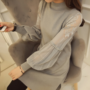 2015韩版秋冬新款针织衫 蕾丝灯笼袖下摆开叉中长款针织连衣裙