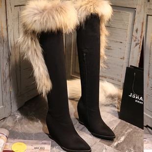 2015秋冬季新款狐狸毛及过膝长靴瘦腿弹力靴坡跟尖头女靴加绒保暖