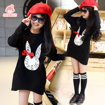 女童长袖t恤2015韩版中大童秋装中长款打底衫卡通兔子蝴蝶结上衣