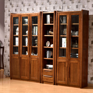 胡桃木实木书柜2门3门储物柜宜家现代带门电脑桌烤漆原木置物架