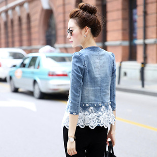 2014秋季女装新品韩版显瘦牛仔外套蕾丝拼接七分袖女短款上衣