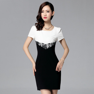 夏装新款2016短袖女连衣裙黑白拼接OL优雅修身气质一步裙大码女式
