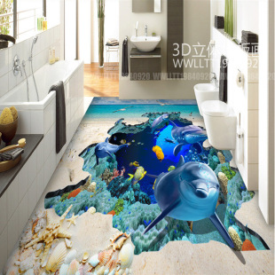 3d立体地板革海洋海豚地贴 浴室卫生间过道走廊客厅厨房地画定做