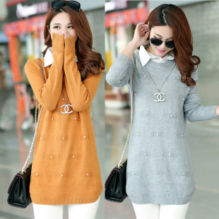 2016秋冬装新款女装韩版中长款衬衫领假两件打底衫长袖毛衣针织衫