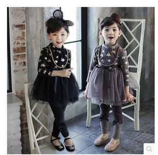 包邮韩国童装女童连衣裙冬装2015新款韩版星星儿童加厚加绒公主裙