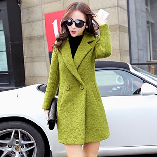 2015时尚韩范收腰显瘦优质西装领毛呢外套女 冬中长款大衣大码潮