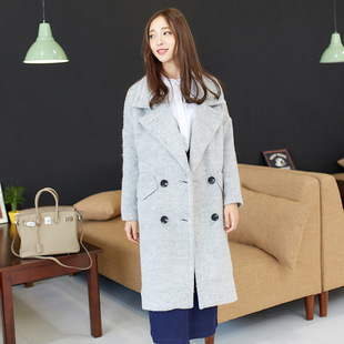 2016年韩版新款长袖双排扣仿呢料POLO领纯色宽松双斜插袋毛呢外套
