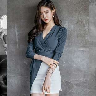 2016韩版性感V领不规则系带气质上衣高腰包臀裙两件套装开叉裙女