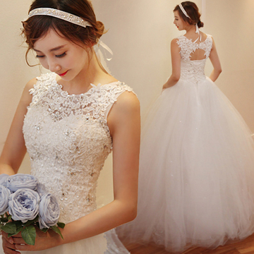 韩式修身显瘦性感露背公主新娘蕾丝齐地婚纱礼服2017新款