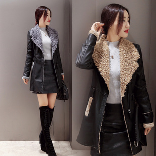 2015新款韩版皮衣女中长款pu皮外套修身显瘦大翻领加绒外套 包邮