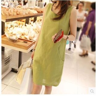 2015韩国春夏季新款大码女装棉麻时尚中长款纯色背心裙亚麻连衣裙