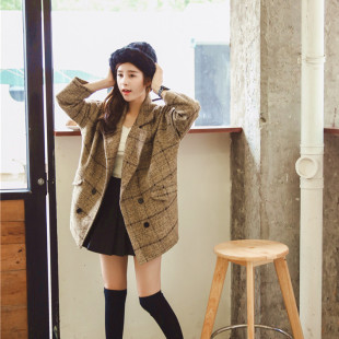 2015冬新款韩版女装复古学院风毛呢外套英伦西装领宽松中长款大衣