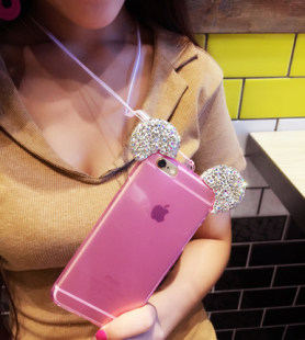 新挂脖子iPhone6带钻手机软壳苹果6plus镶钻保护套米奇耳朵挂绳5S