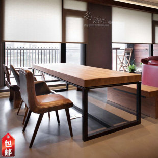 美式做旧铁艺餐桌实木电脑桌子会议桌办公桌复古长方形餐桌椅组合