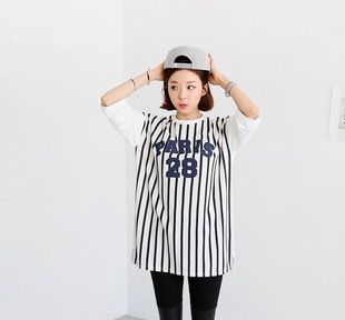 2015韩国春夏新品欧美风竖条纹嘻哈休闲运动长T恤数字字母图案潮