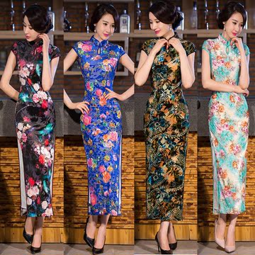 2015新款夏秋复古时尚宴会演出中式长款丝绒旗袍修身改良修身礼服