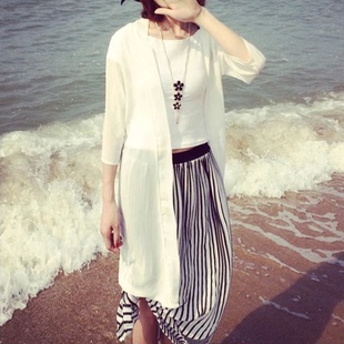 夏季薄款韩版雪纺开衫空调衫中长款沙滩防晒衣女纯色大码七分短袖