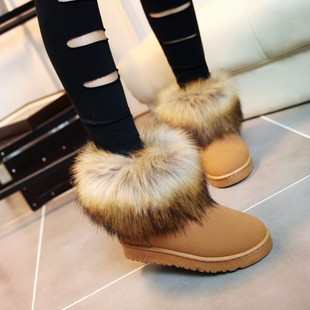 2015冬季新款厚底甜美超大狐狸毛雪地靴女短靴加厚平底保暖棉鞋子