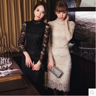 2015秋装新款女装长袖打底裙韩版显瘦立领蕾丝性感中长款连衣裙