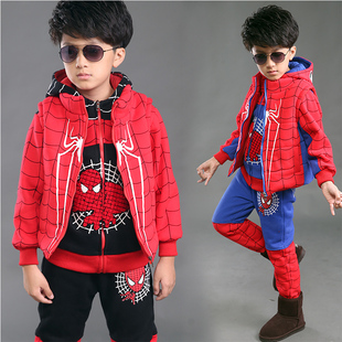 童装男童2015新款冬装儿童蜘蛛侠卫衣三件套加绒加厚韩版卡通套装