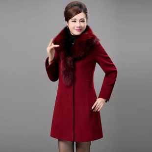 羊绒大衣女2015冬装新中年妈妈装气质修身狐狸毛领中长款毛呢外套