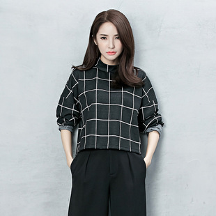 ON NI独家2015秋装新款女装韩版针织料格纹长袖圆领弹力女长袖T恤
