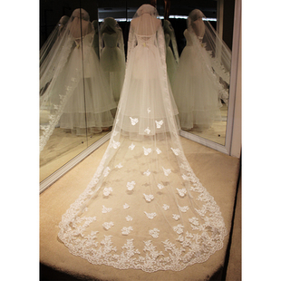 定制新款简约清新新娘婚纱头纱 韩式超长三米五拖尾蕾丝软头纱